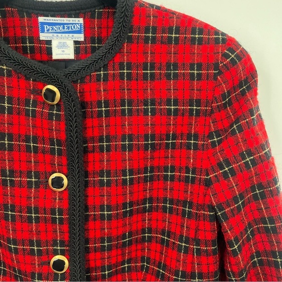 Vintage Pendleton Petite 100% Virgin Wool Tartan Plaid Red Blazer Jacket 10 y2k - Picture 10 of 11